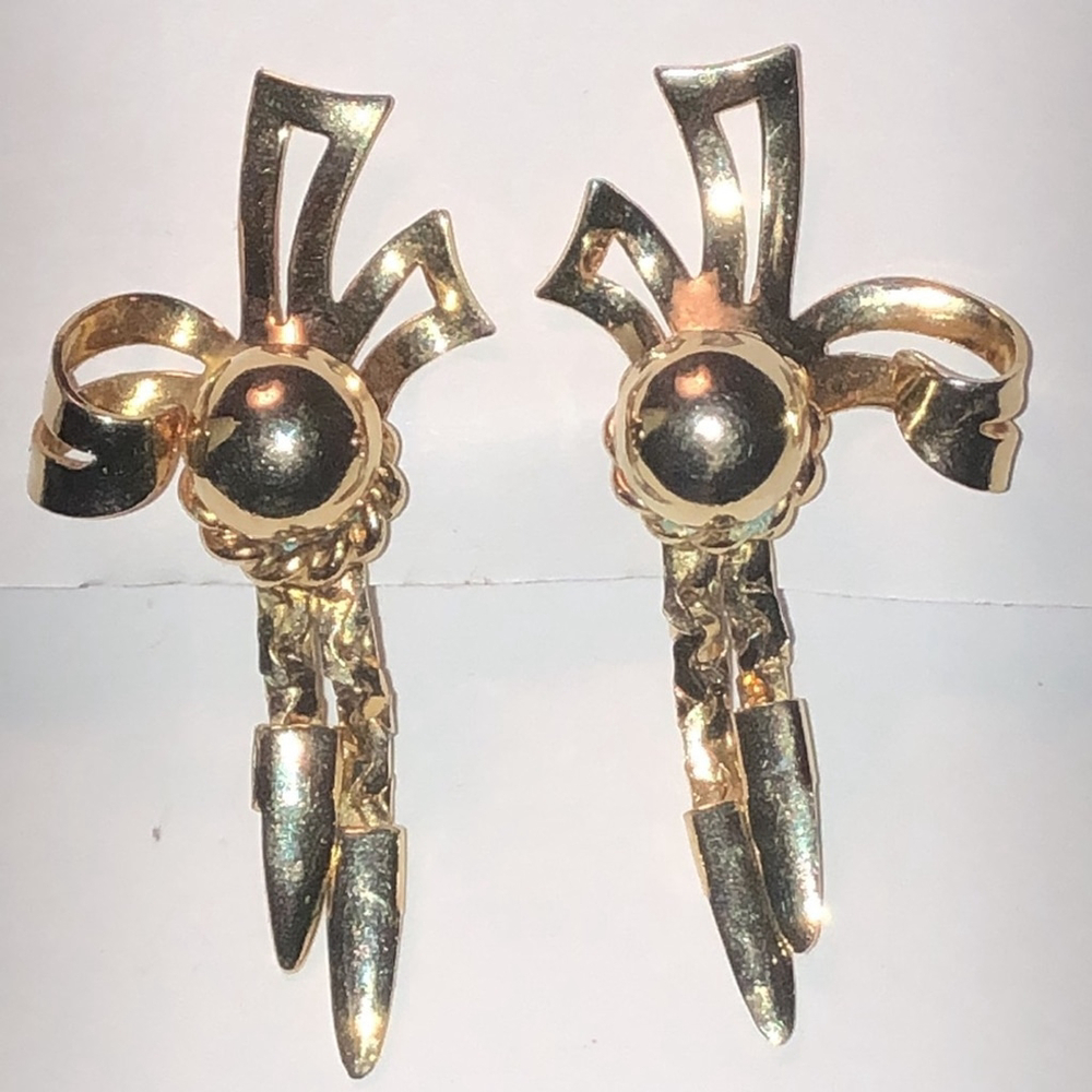 Vintage Gold Tone Retro Bow Dangling Boho Screw Back Earrings